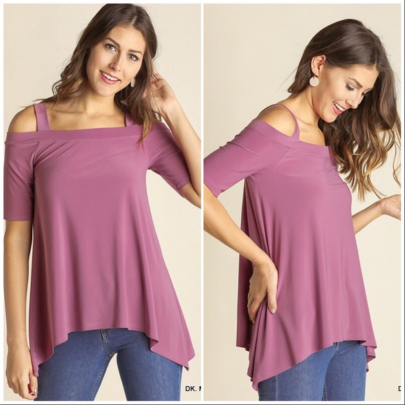 Mauve shark bite hem cold shoulder tee - Picture 2 of 8